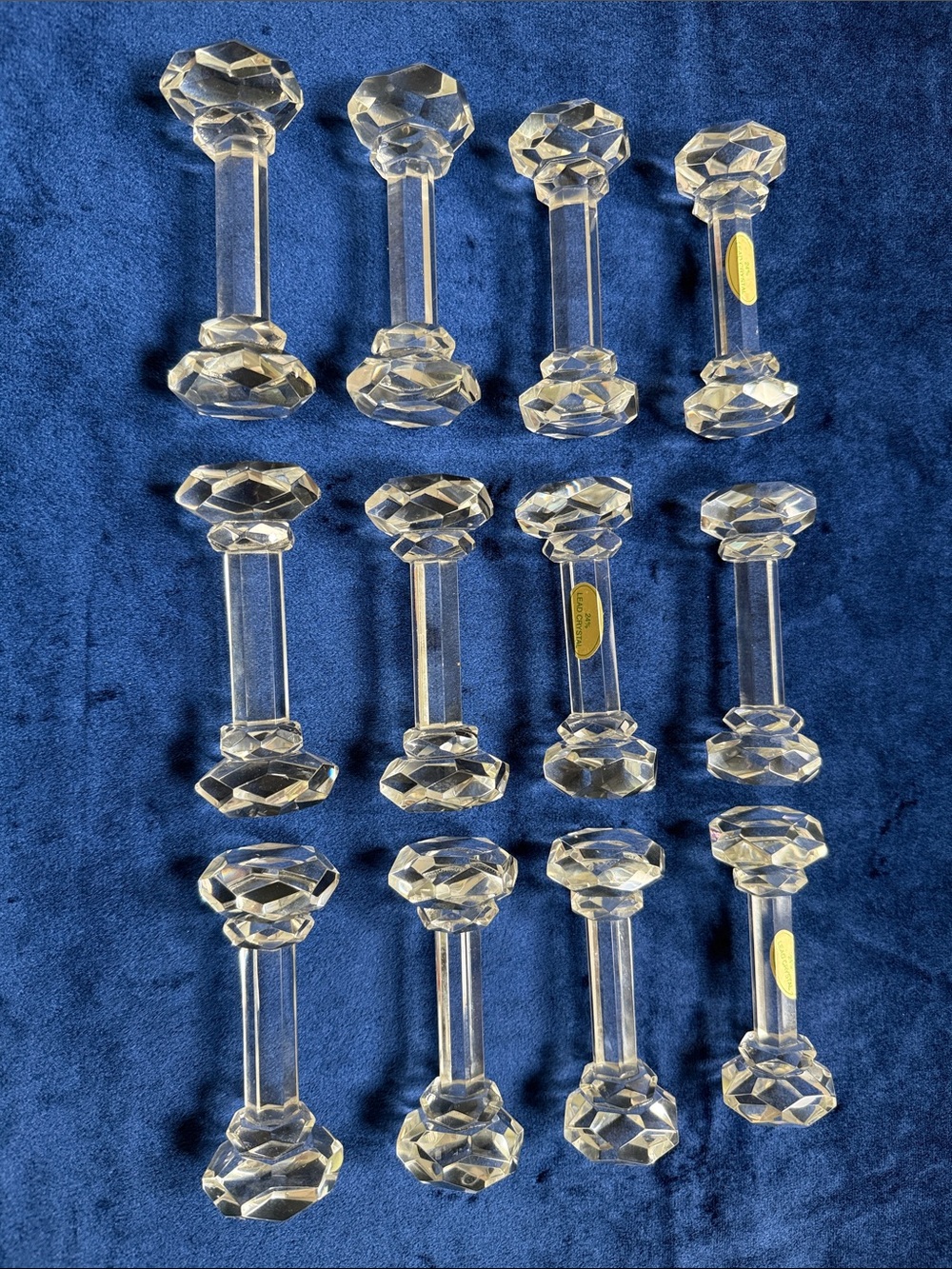 Vintage Set Of 12 Lead Crystal Faceted Glass Barbell Shaped Knife Rests
